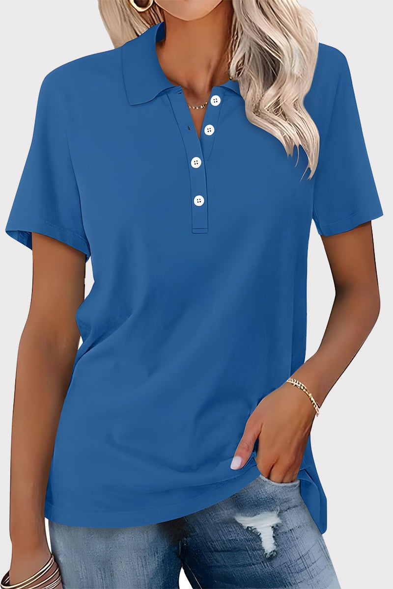 Casual Simplicity Solid Buckle Turndown Collar T-Shirts - Fashionpara