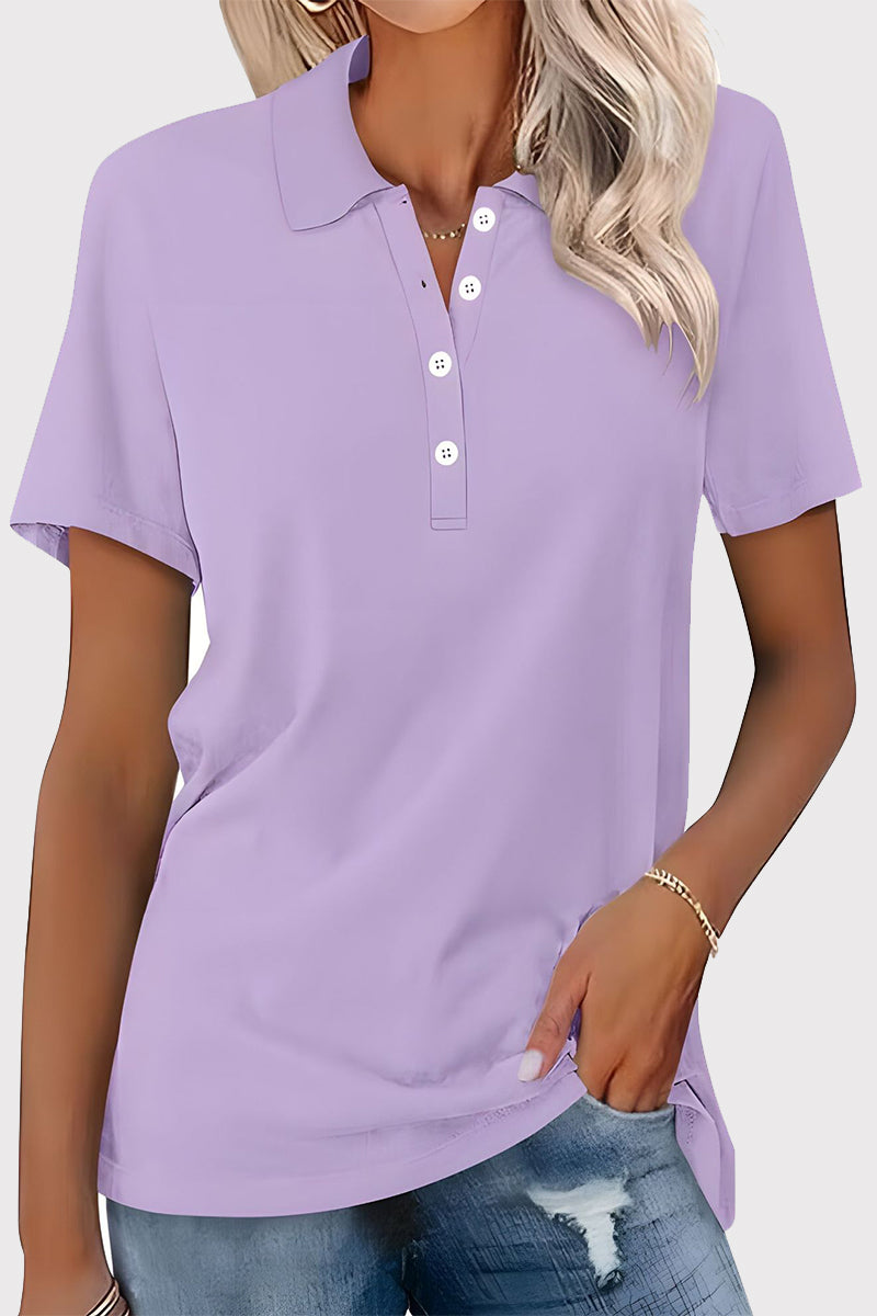 Casual Simplicity Solid Buckle Turndown Collar T-Shirts - Fashionpara