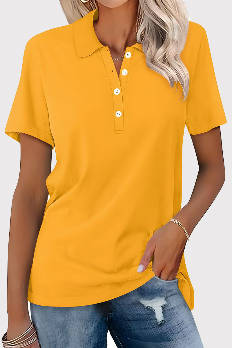 Casual Simplicity Solid Buckle Turndown Collar T-Shirts - Fashionpara