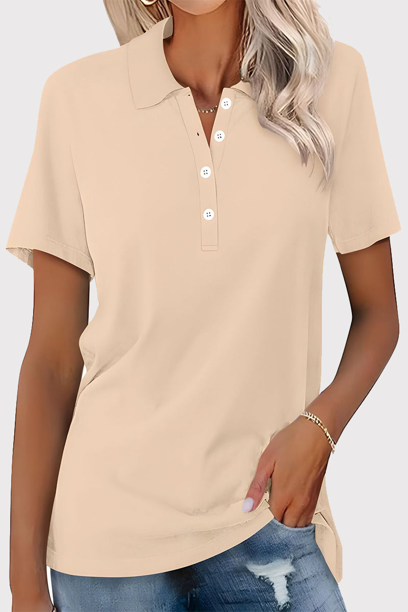 Casual Simplicity Solid Buckle Turndown Collar T-Shirts - Fashionpara