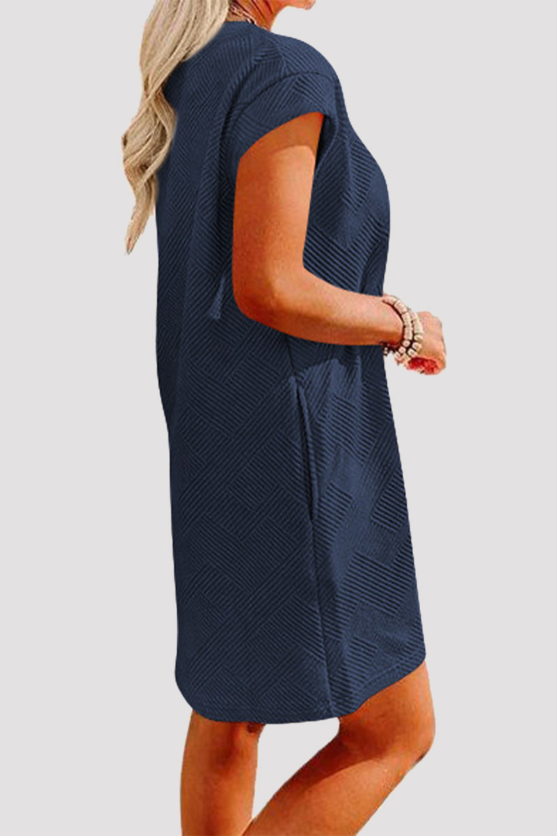 Casual Sportswear Solid Pocket Texture O Neck A Line Short Sleeve Dress - Fashionpara