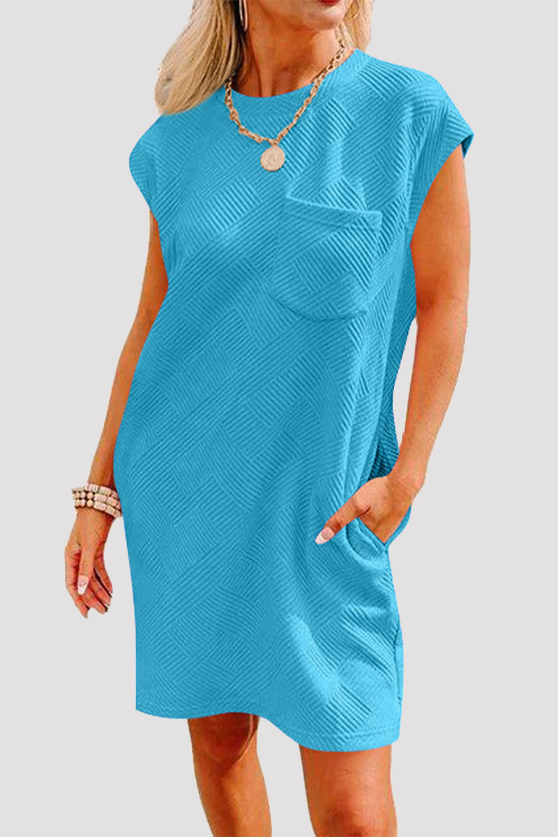 Casual Sportswear Solid Pocket Texture O Neck A Line Short Sleeve Dress - Fashionpara