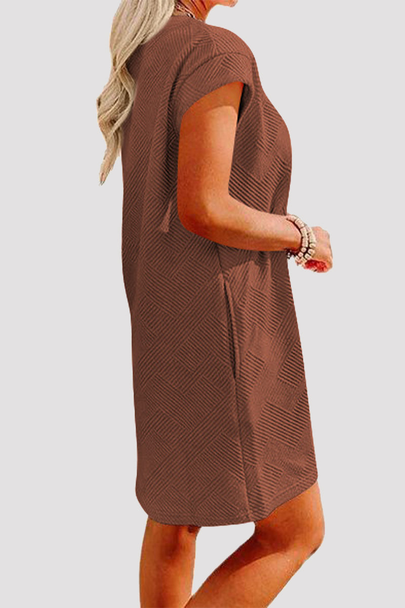 Casual Sportswear Solid Pocket Texture O Neck A Line Short Sleeve Dress - Fashionpara