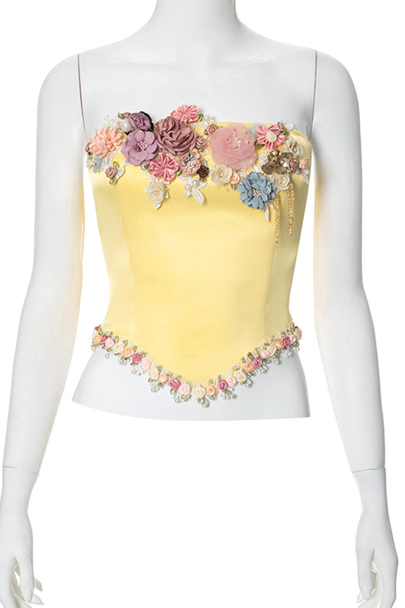 Flowers Patchwork Zipper Strapless Tops - Fashionpara