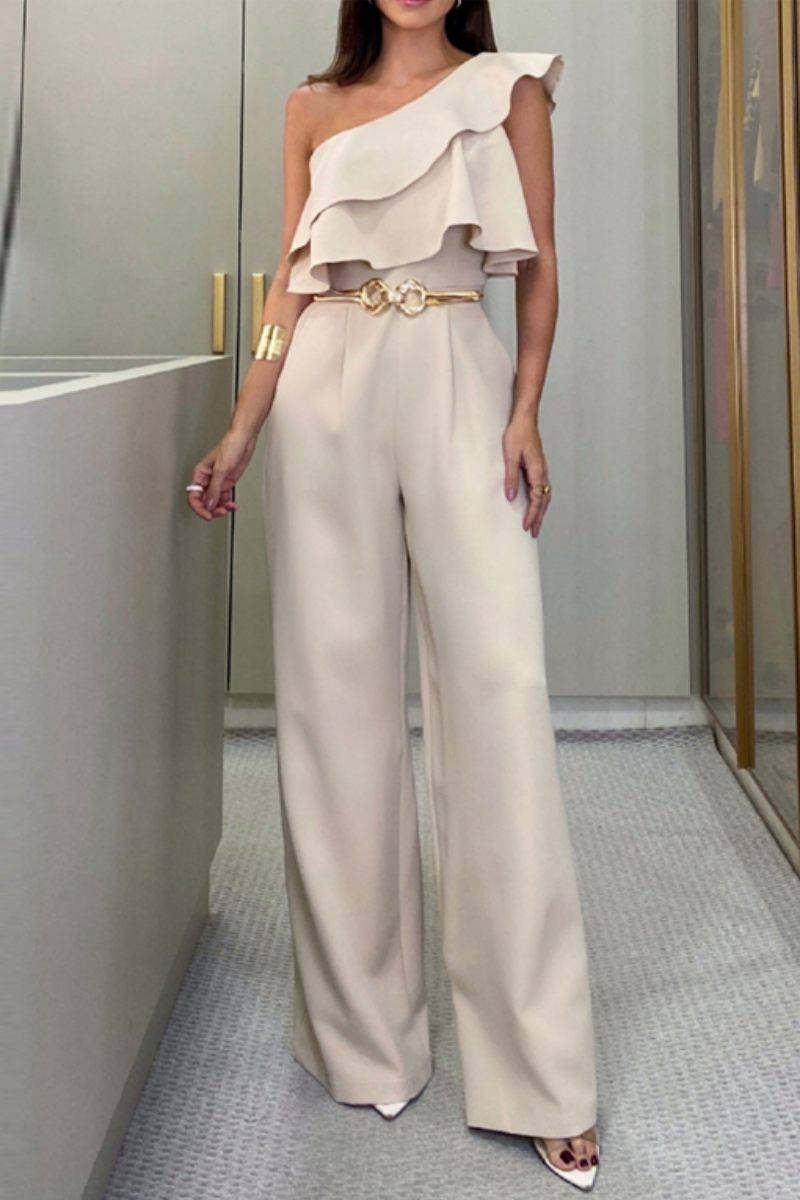 Casual Solid Patchwork Backless Oblique Collar Regular Jumpsuits (Without Belt) - Fashionpara