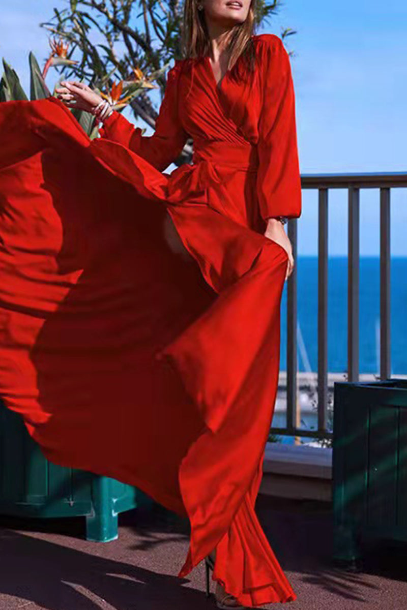 Celebrities Formal Solid Frenulum Slit V Neck Evening Dresses - Fashionpara