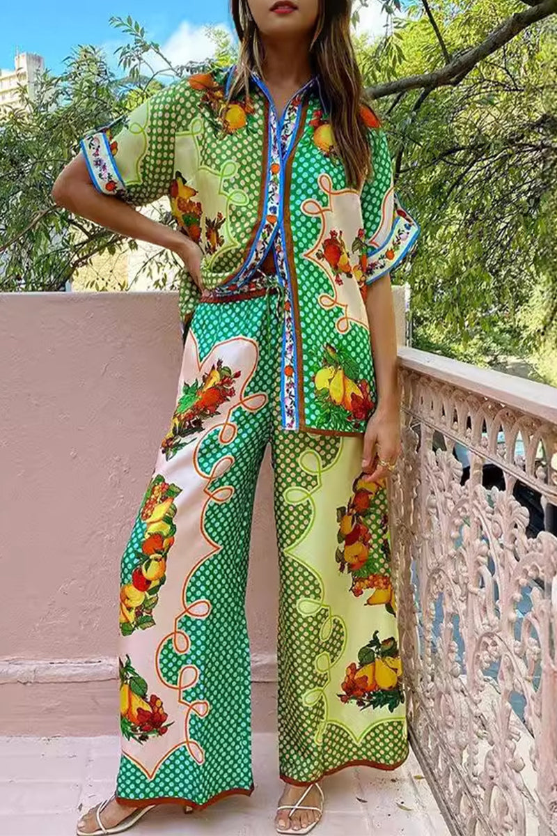 Casual Vintage Fruit printing Pocket Turndown Collar Short Sleeve Two Pieces - Fashionpara