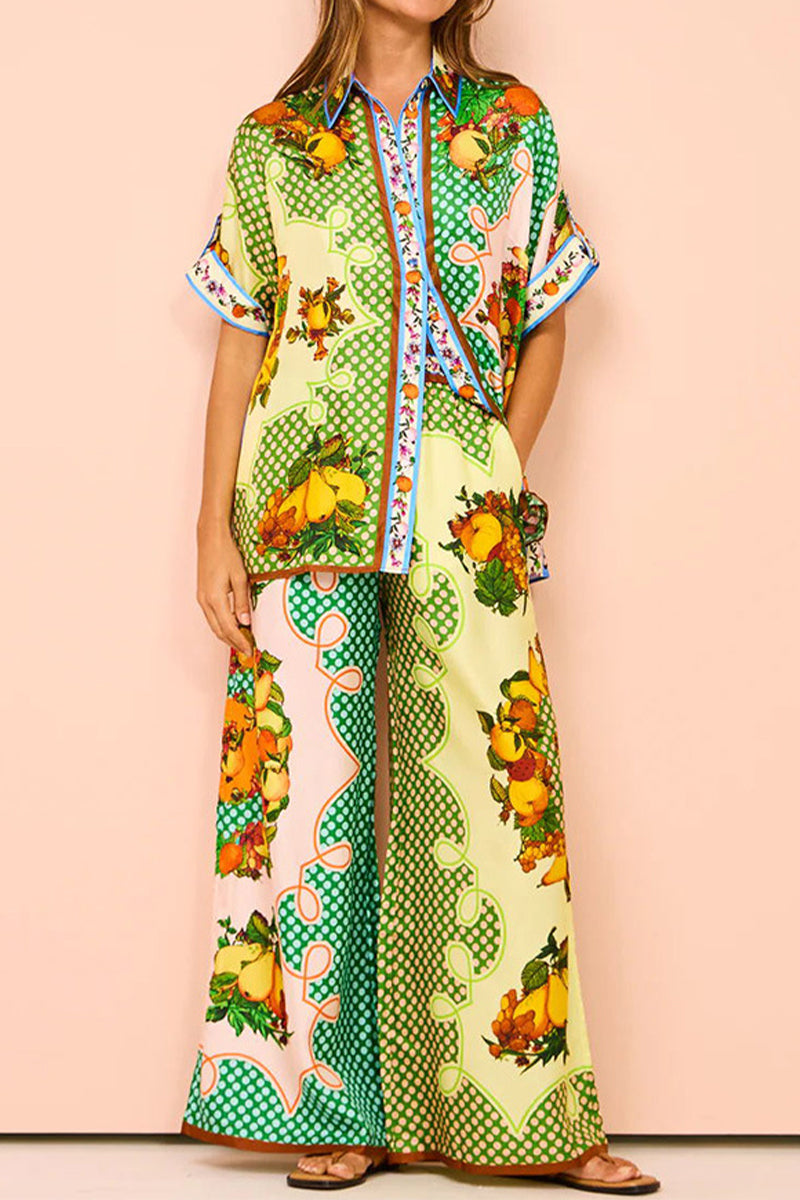 Casual Vintage Fruit printing Pocket Turndown Collar Short Sleeve Two Pieces - Fashionpara