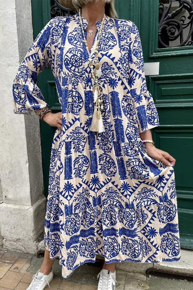 Casual Vintage Geometric Print Patchwork V Neck Printed Dresses(3 Colors)