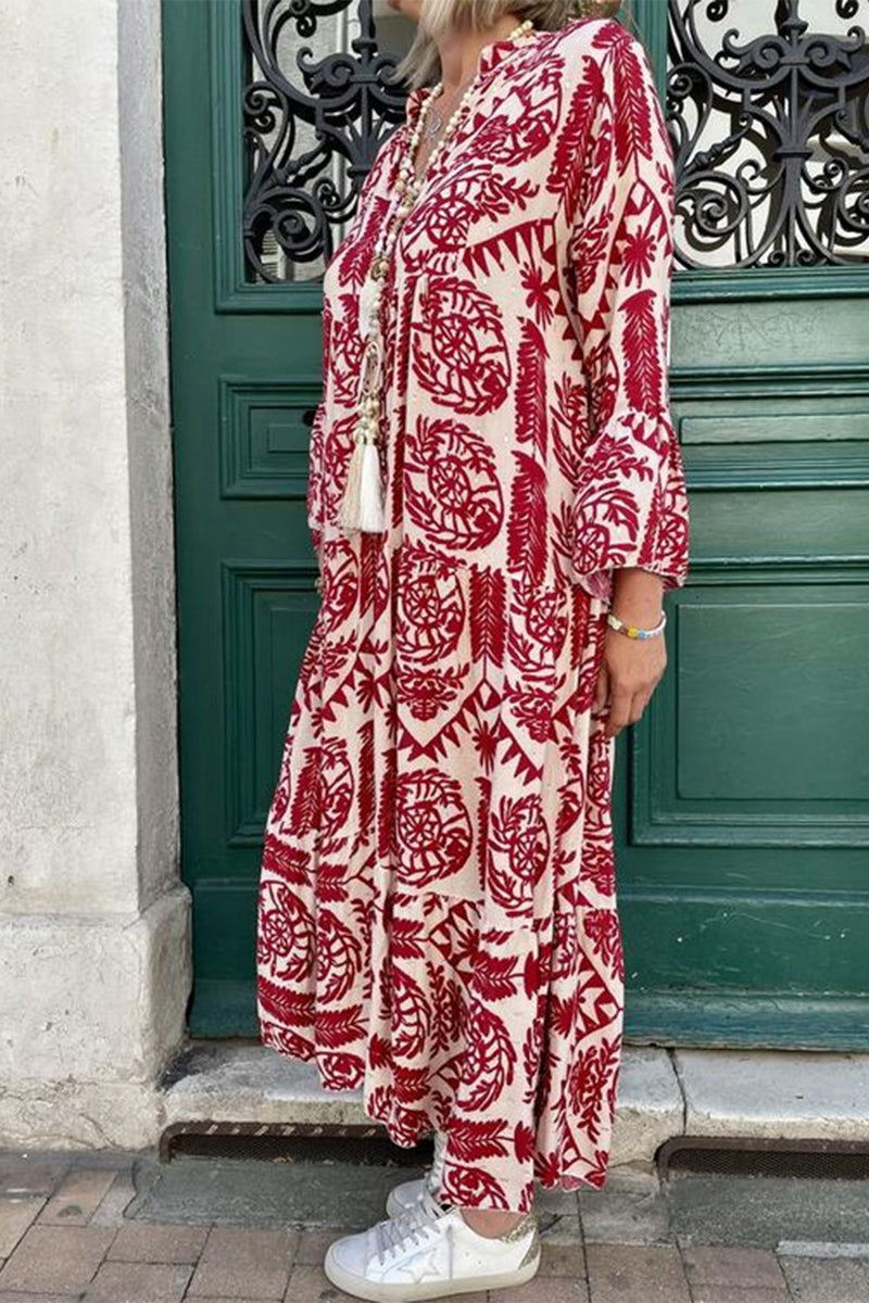 Casual Vintage Geometric Print Patchwork V Neck Printed Dresses(3 Colors)