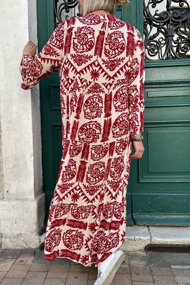 Casual Vintage Geometric Print Patchwork V Neck Printed Dresses(3 Colors)