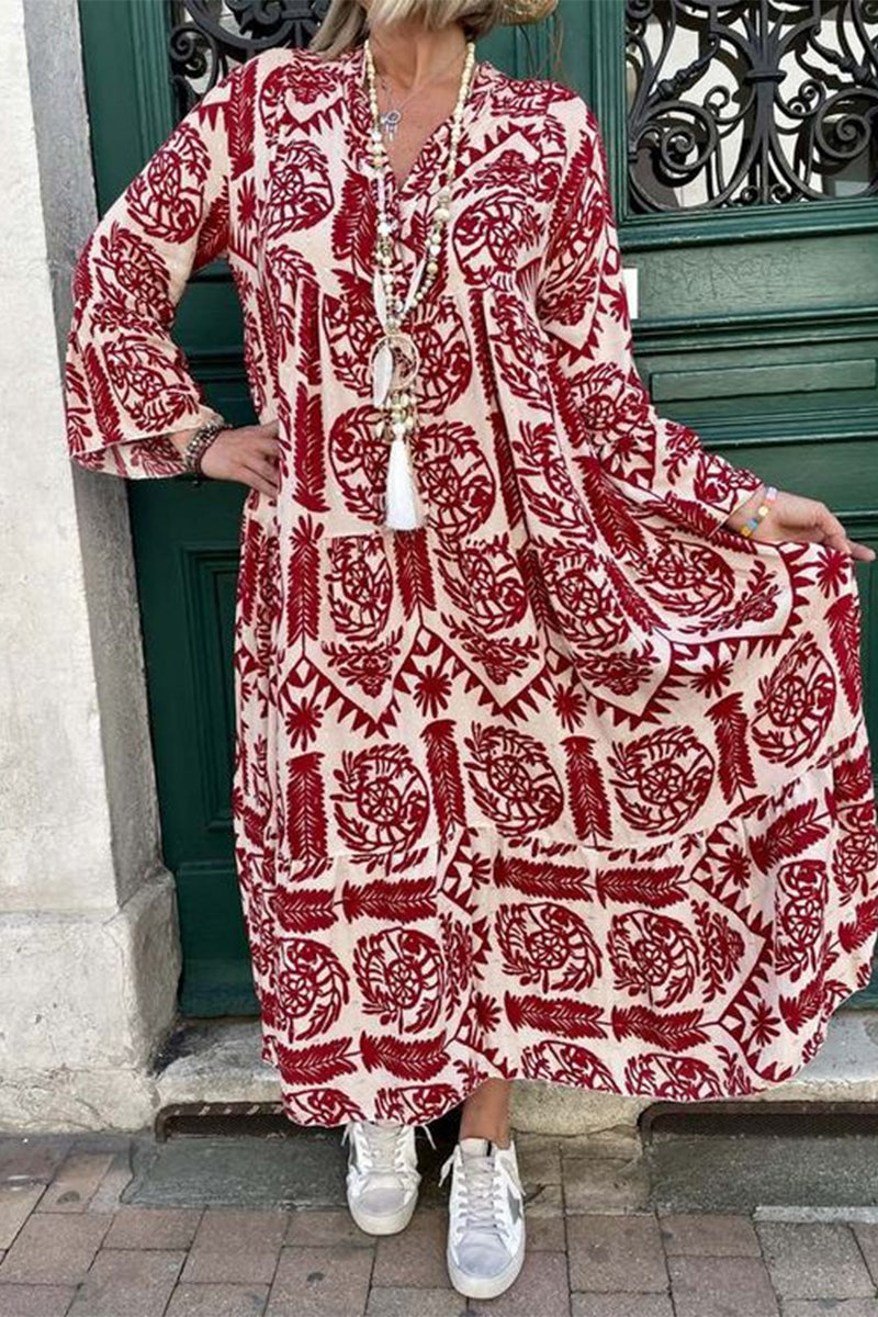 Casual Vintage Geometric Print Patchwork V Neck Printed Dresses(3 Colors)