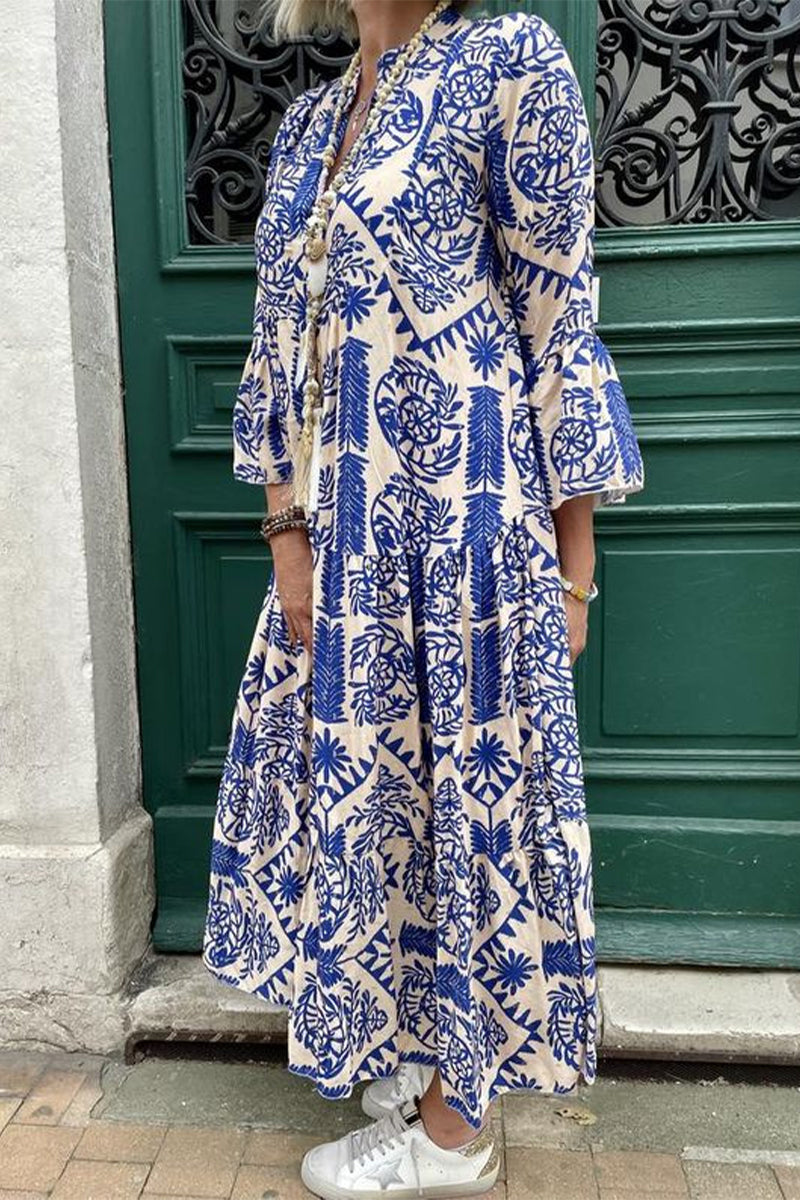 Casual Vintage Geometric Print Patchwork V Neck Printed Dresses(3 Colors)