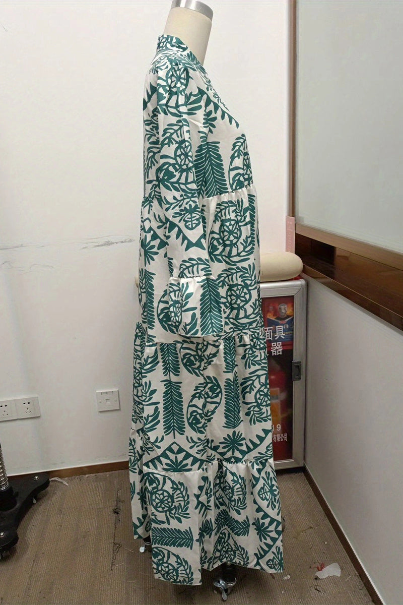 Casual Vintage Geometric Print Patchwork V Neck Printed Dresses(3 Colors)