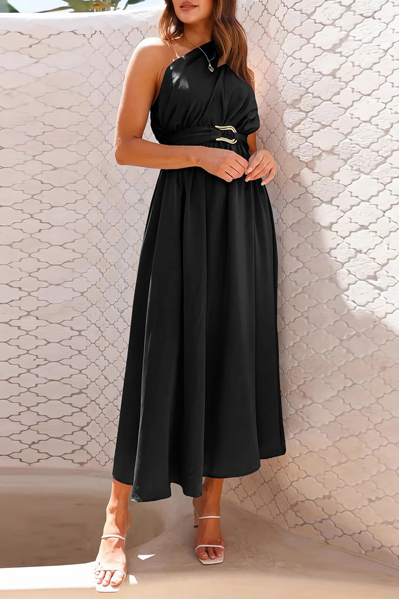 Elegant Formal Solid Metal Accessories Decoration Fold Oblique Collar Evening Dresses - Fashionpara