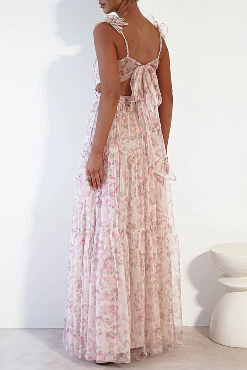 Elegant Print Flowers Patchwork Frenulum V Neck Princess Dresses - Fashionpara