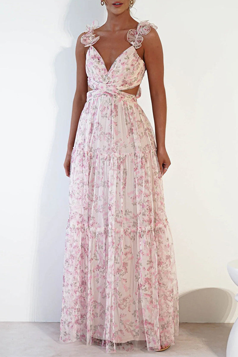 Elegant Print Flowers Patchwork Frenulum V Neck Princess Dresses - Fashionpara