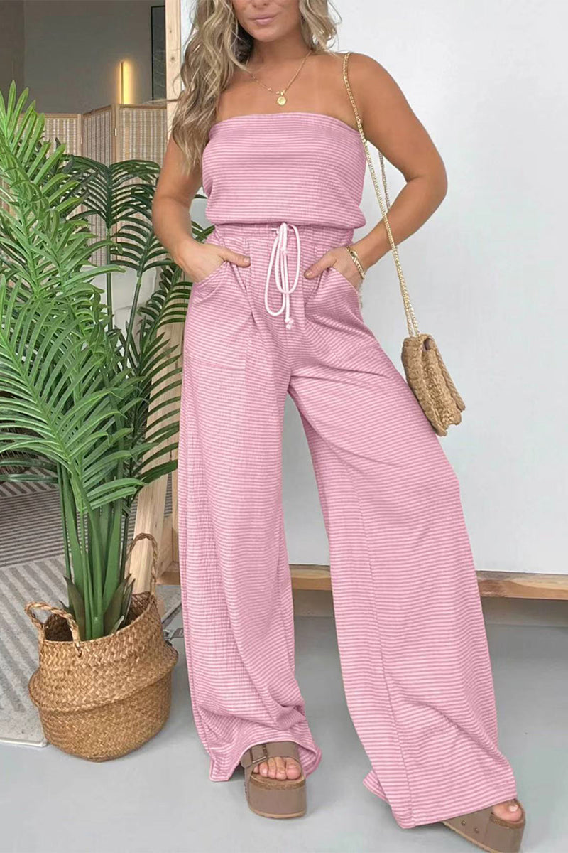 Casual Striped Draw String Pocket Strapless Regular Jumpsuits - Fashionpara
