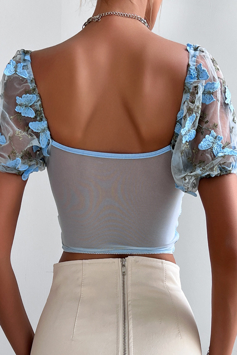 Sexy Butterfly Embroidered Draw String Mesh V Neck Low Waist T-Shirts - Fashionpara