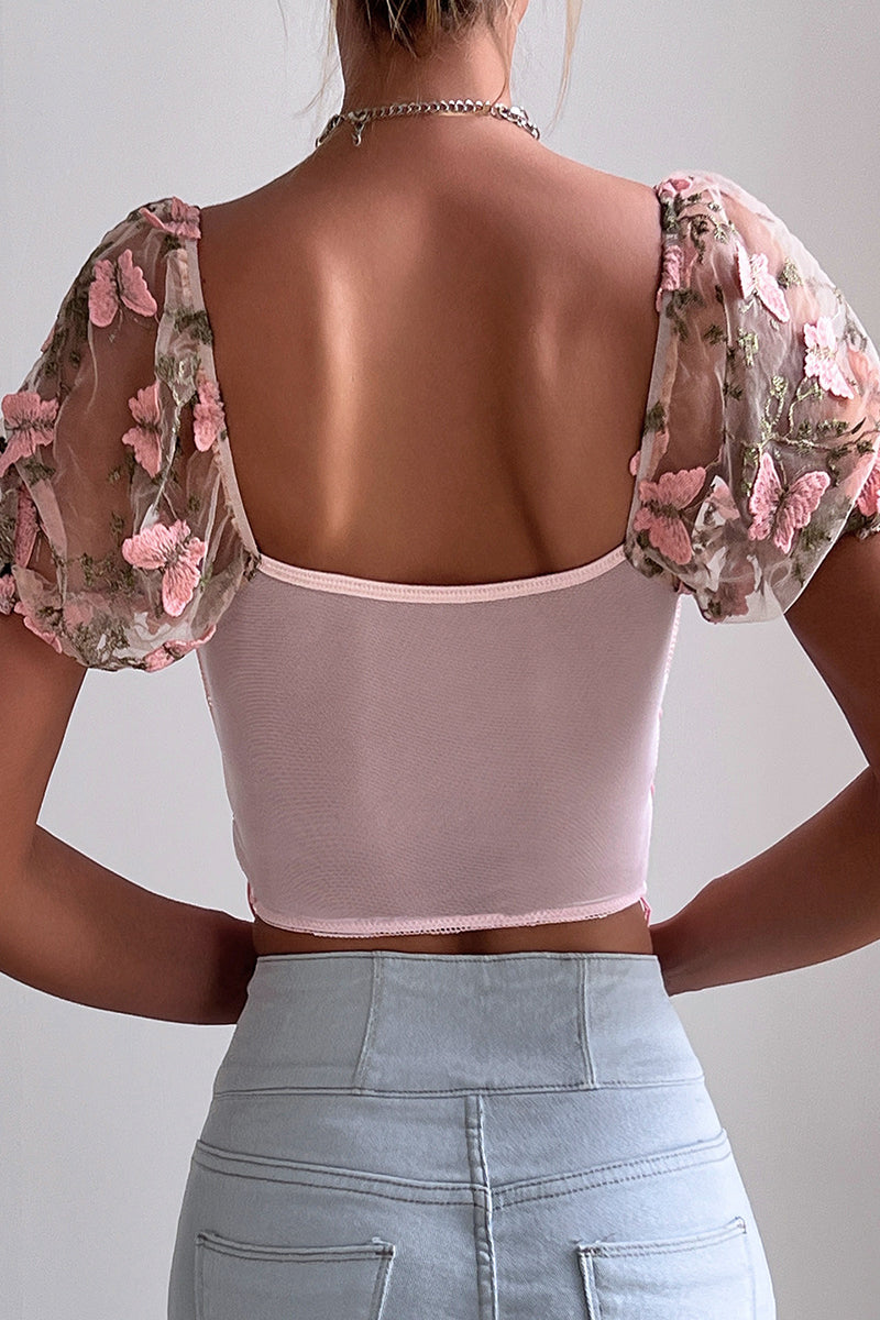 Sexy Butterfly Embroidered Draw String Mesh V Neck Low Waist T-Shirts - Fashionpara