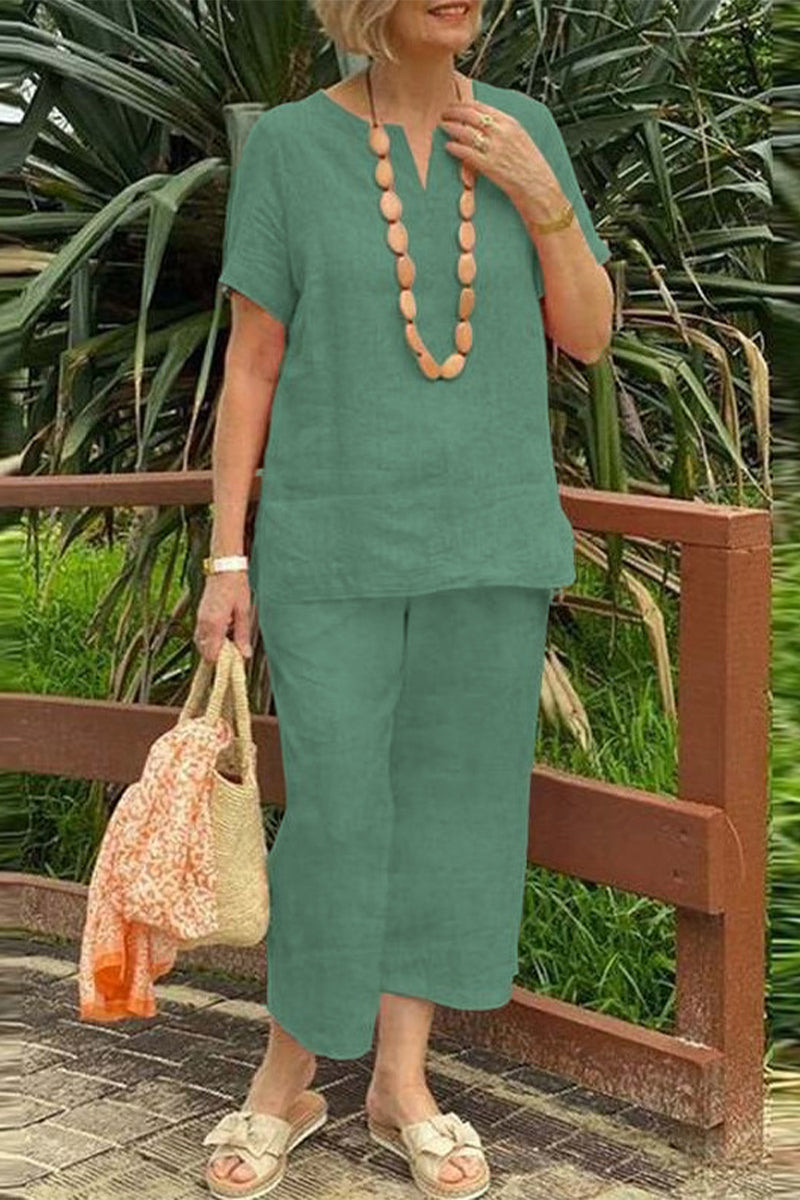 Casual Simplicity Solid V Neck Short Sleeve Two Pieces(No accessories)