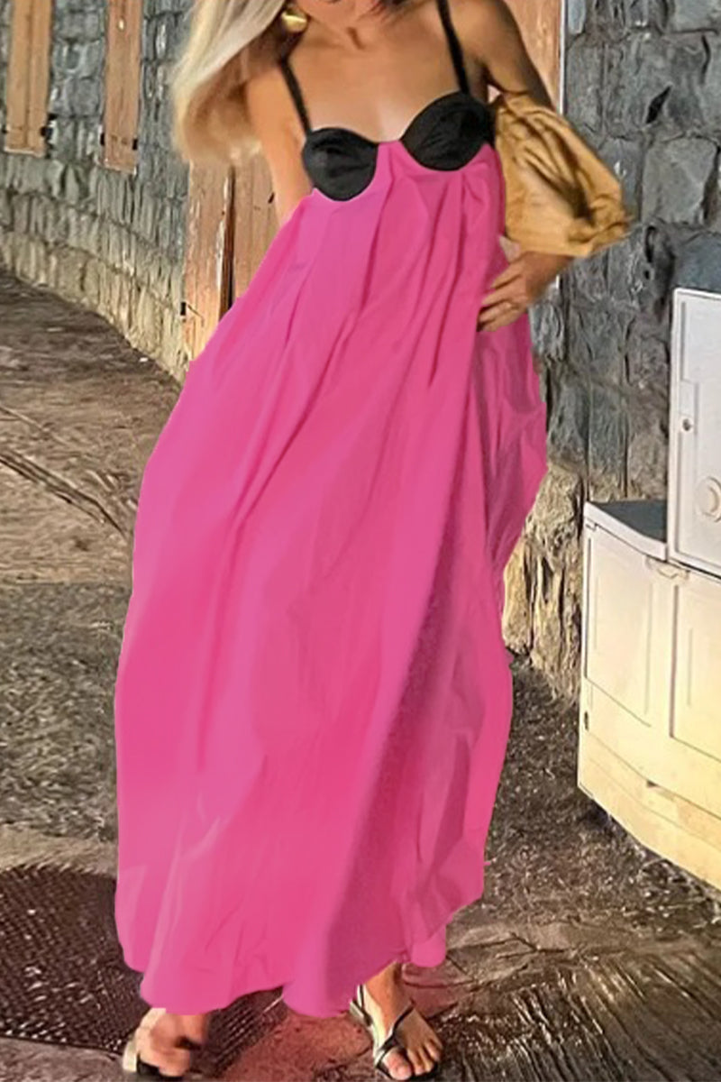 Casual Solid Patchwork With Bow Contrast V Neck Sling Dresses - Fashionpara