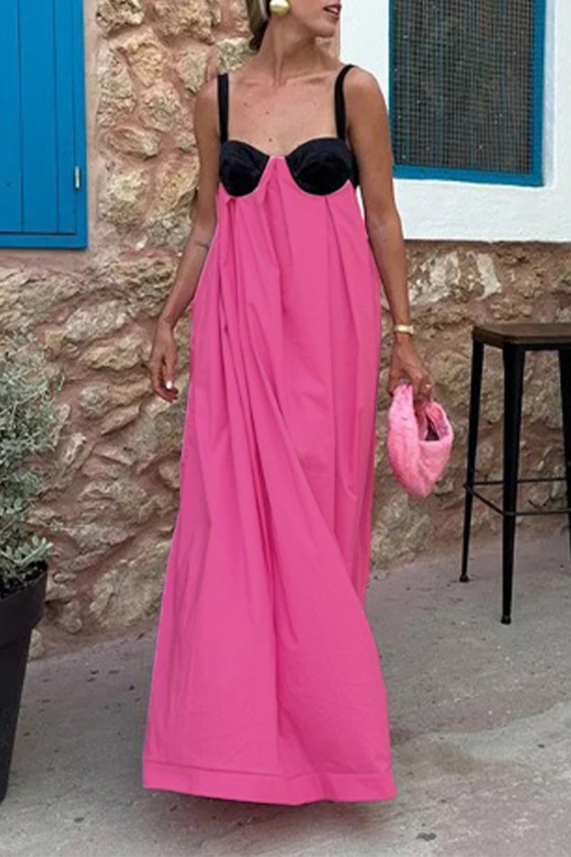 Casual Solid Patchwork With Bow Contrast V Neck Sling Dresses - Fashionpara