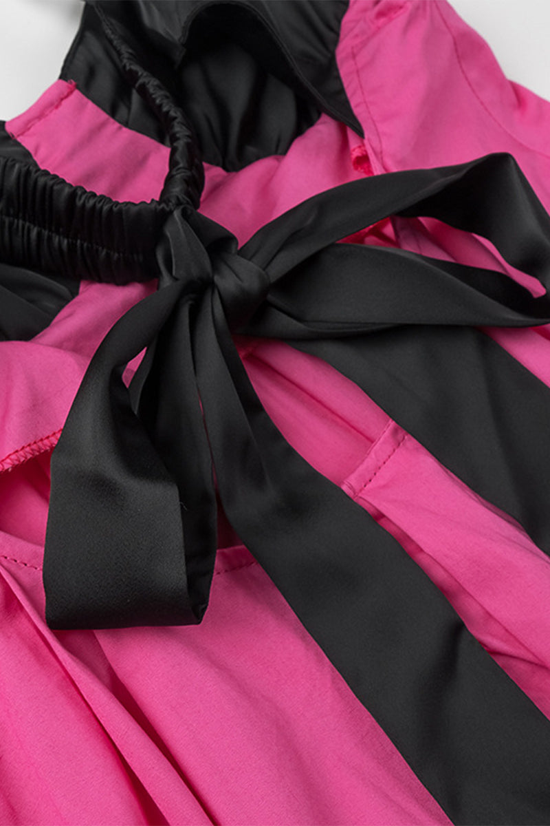 Casual Solid Patchwork With Bow Contrast V Neck Sling Dresses - Fashionpara