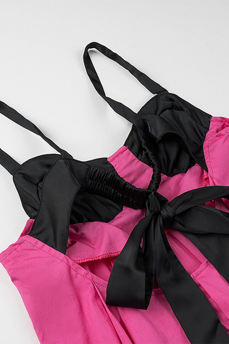 Casual Solid Patchwork With Bow Contrast V Neck Sling Dresses - Fashionpara