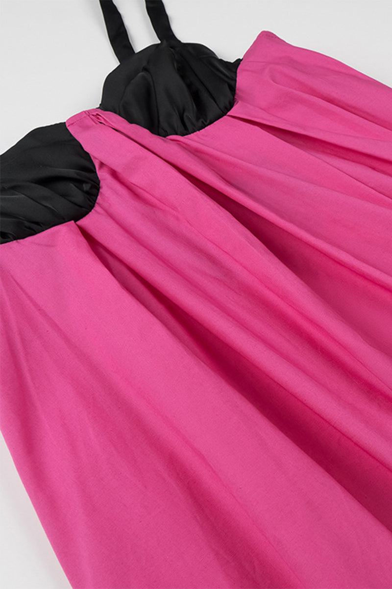 Casual Solid Patchwork With Bow Contrast V Neck Sling Dresses - Fashionpara