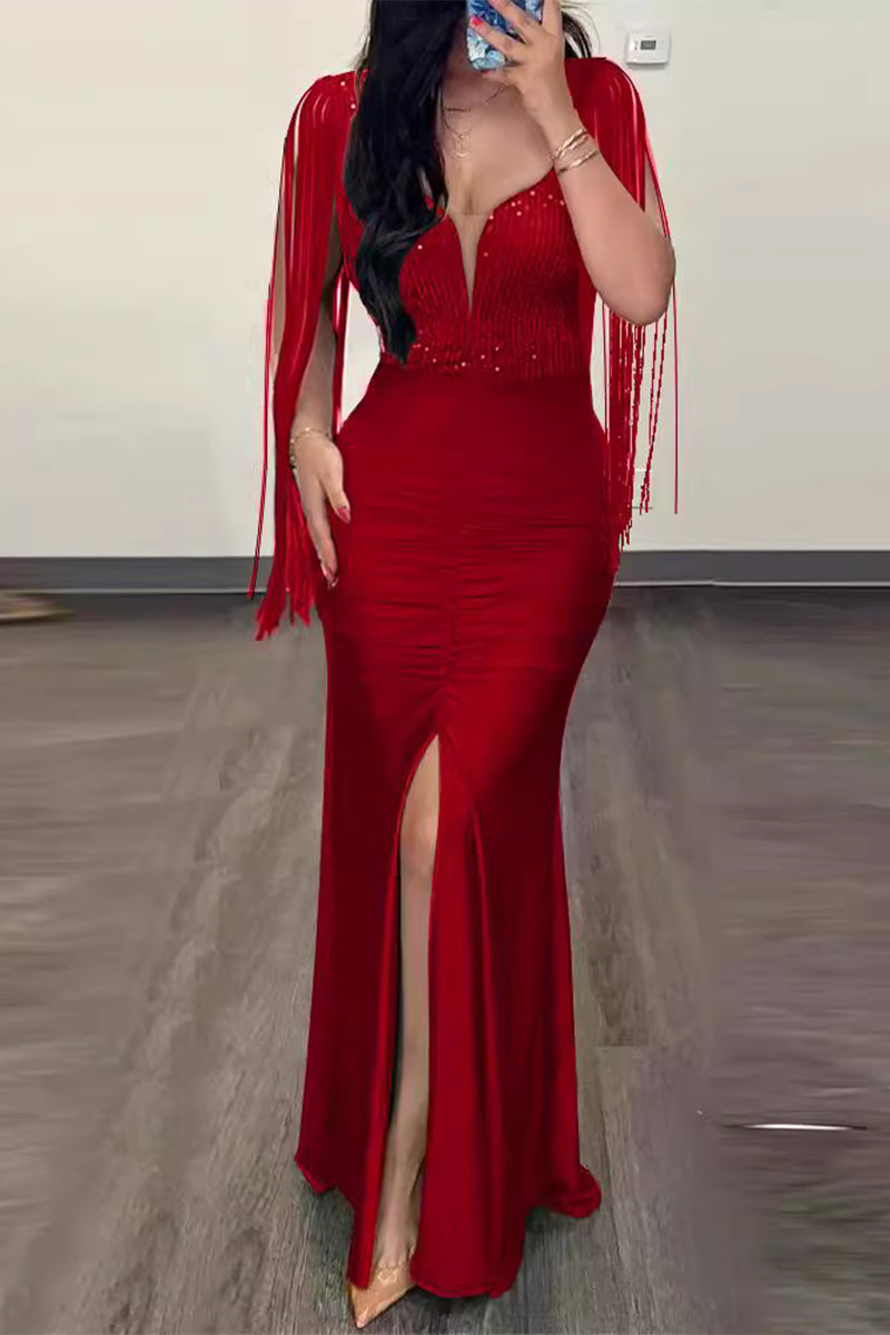 Sexy Formal Solid Tassel Sequins Slit V Neck Evening Dresses - Fashionpara