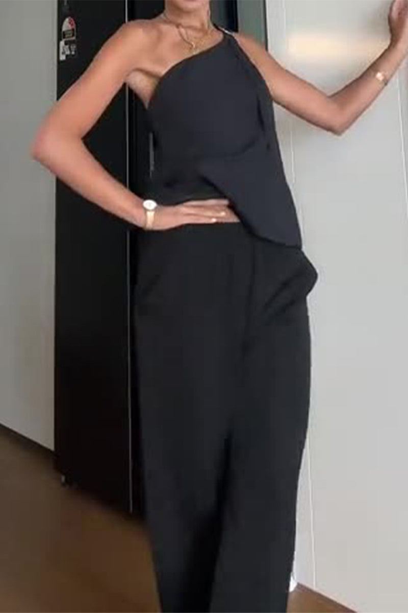 Casual British Style Solid Pocket Metal Accessories Decoration Backless Oblique Collar Sleeveless Two Pieces - Fashionpara