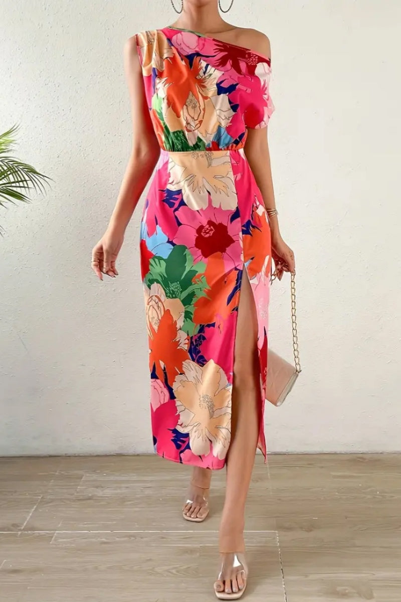 Casual Print Slit Oblique Collar Long Dresses - Fashionpara