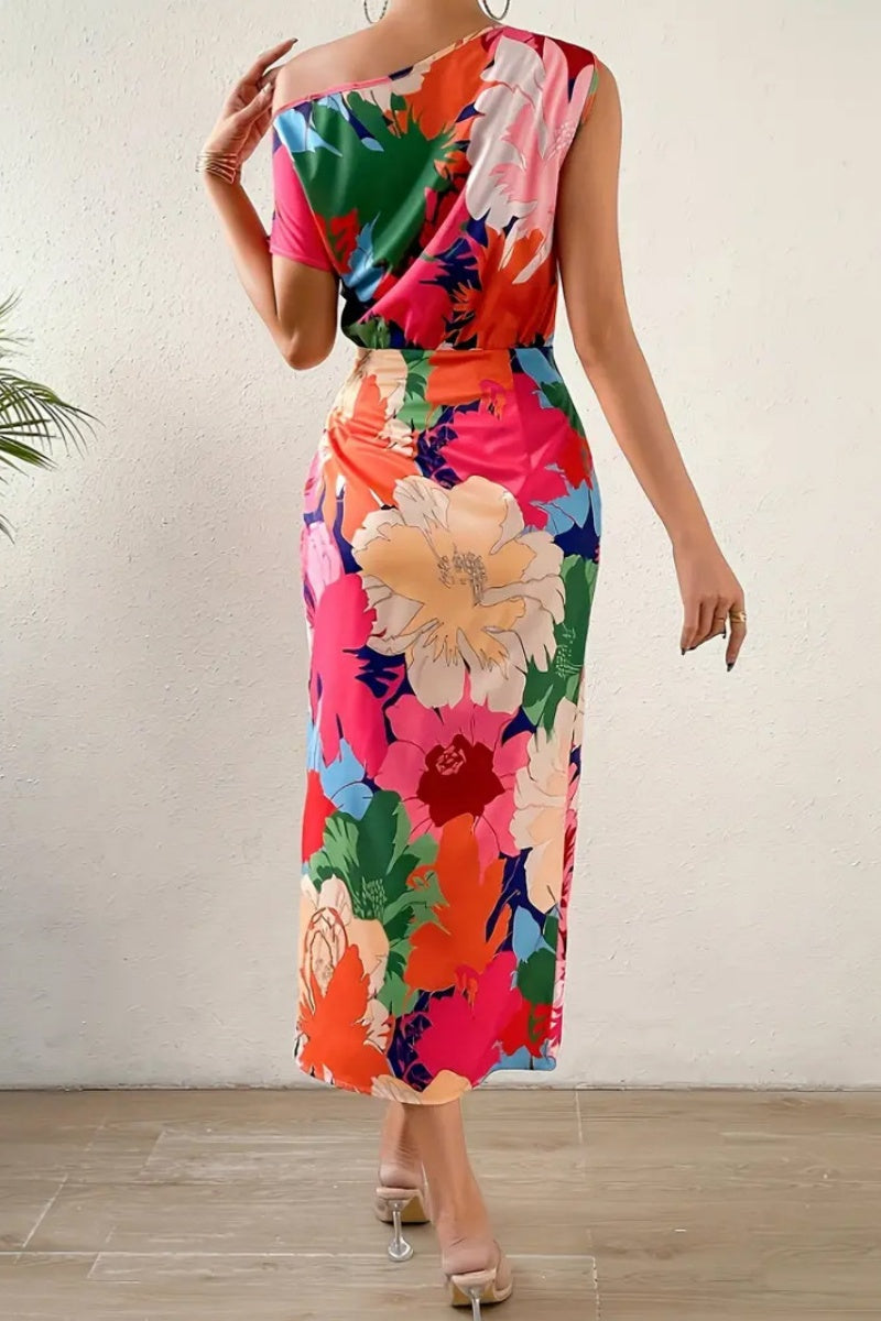 Casual Print Slit Oblique Collar Long Dresses - Fashionpara