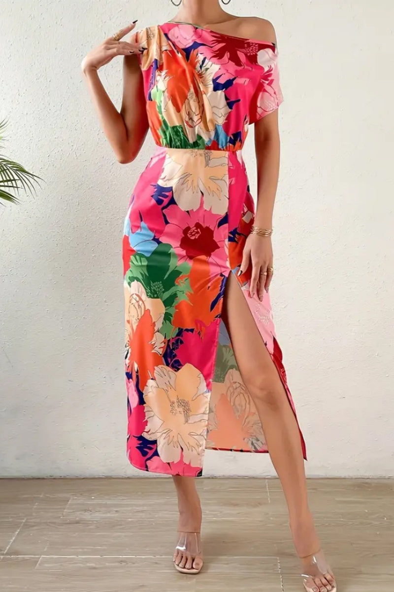 Casual Print Slit Oblique Collar Long Dresses - Fashionpara