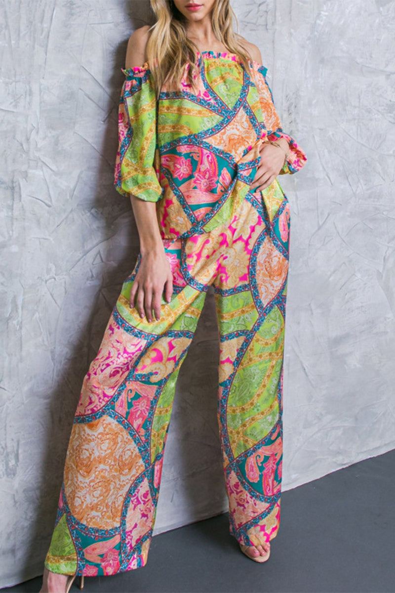 Casual Sweet Color Block Make Old Contrast Off the Shoulder Three Quarter Two Pieces - Fashionpara