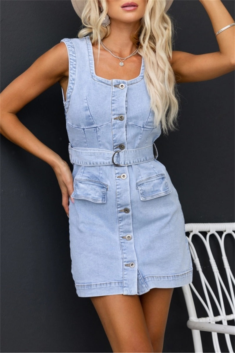 Casual Solid Patchwork Pocket U Neck Sleeveless Skinny Denim Dresses - Fashionpara