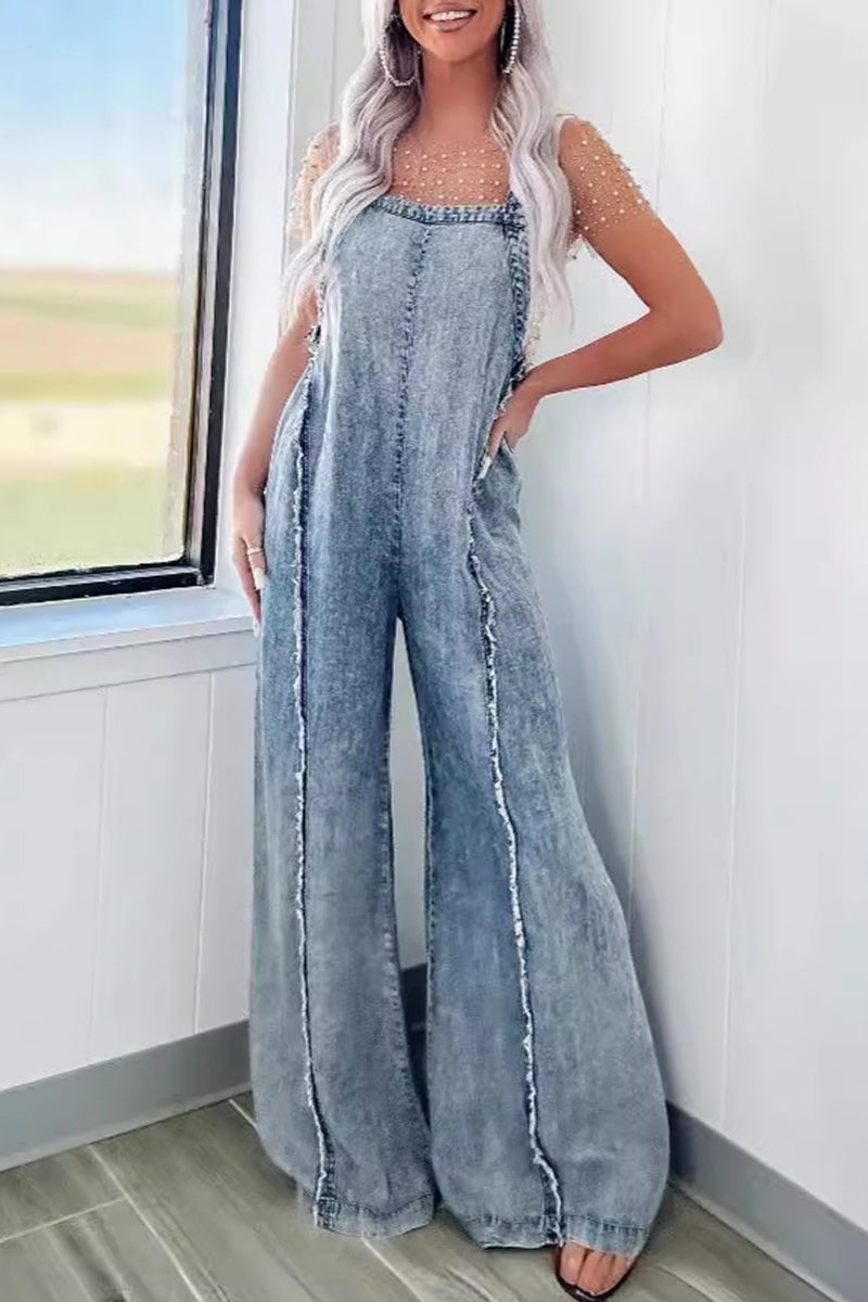 Casual Street Solid Patchwork Backless Square Collar Sleeveless Loose Denim Jumpsuits - Fashionpara