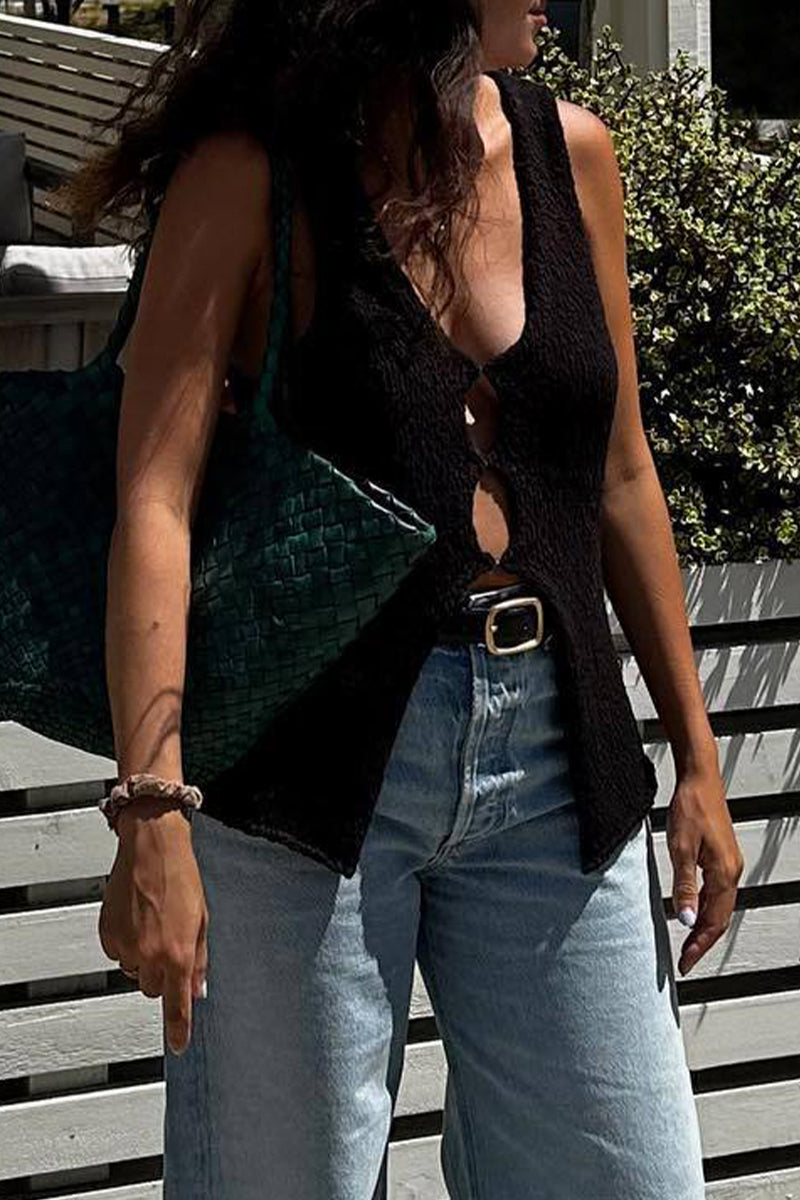 Casual British Style Solid Hollowed Out V Neck Tops - Fashionpara