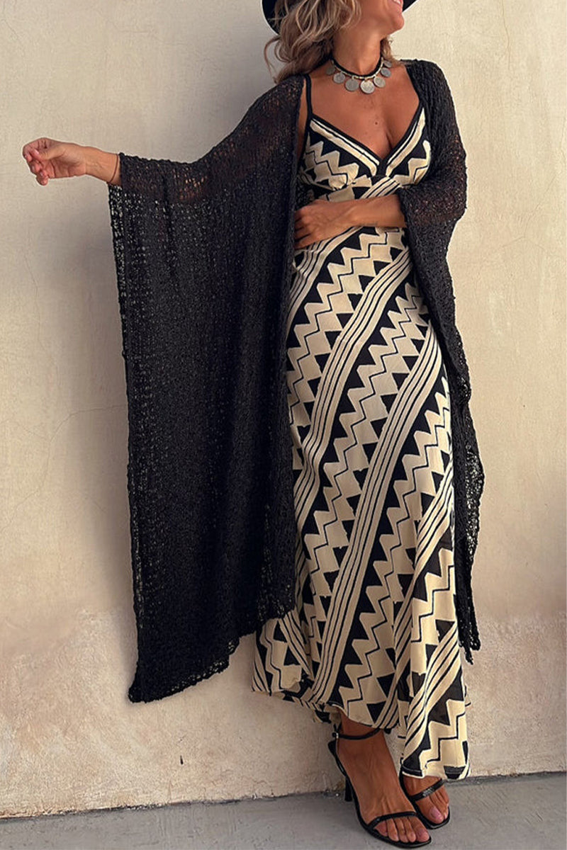 Bohemian Vacation Striped Print Patchwork V Neck Sling Dresses - Fashionpara