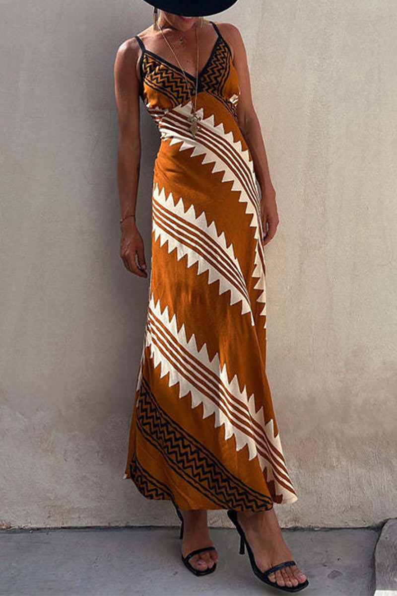 Bohemian Vacation Striped Print Patchwork V Neck Sling Dresses - Fashionpara