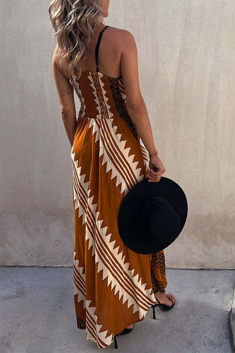 Bohemian Vacation Striped Print Patchwork V Neck Sling Dresses - Fashionpara