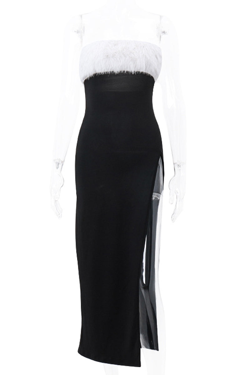 Sexy Solid Feathers Backless Contrast Strapless Irregular Dresses(Mainly Real Pictures) - Fashionpara