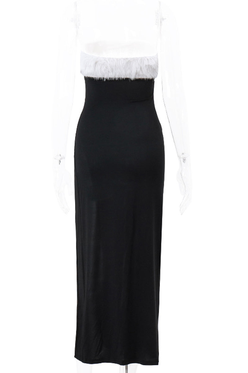 Sexy Solid Feathers Backless Contrast Strapless Irregular Dresses(Mainly Real Pictures) - Fashionpara