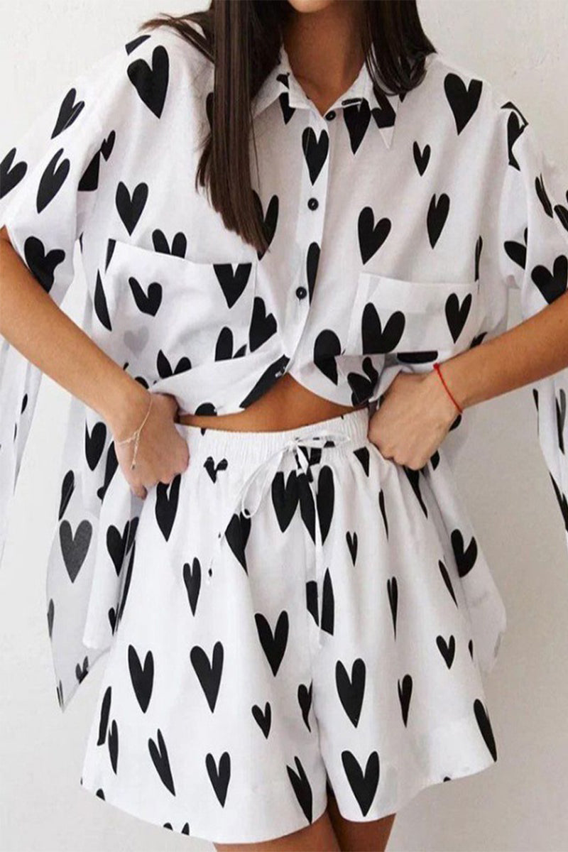 Casual Print Heart Shaped Pocket Turndown Collar Long Sleeve Two Pieces Fashionpara