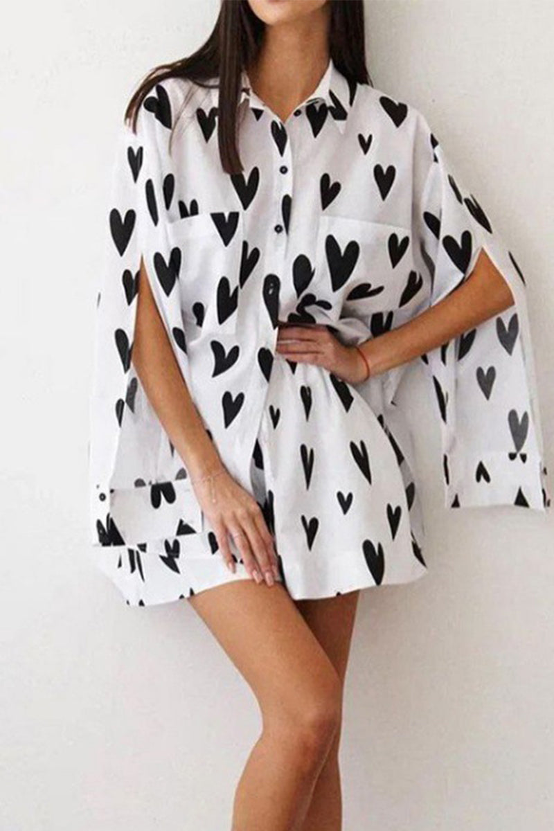 Casual Print Heart Shaped Pocket Turndown Collar Long Sleeve Two Pieces Fashionpara