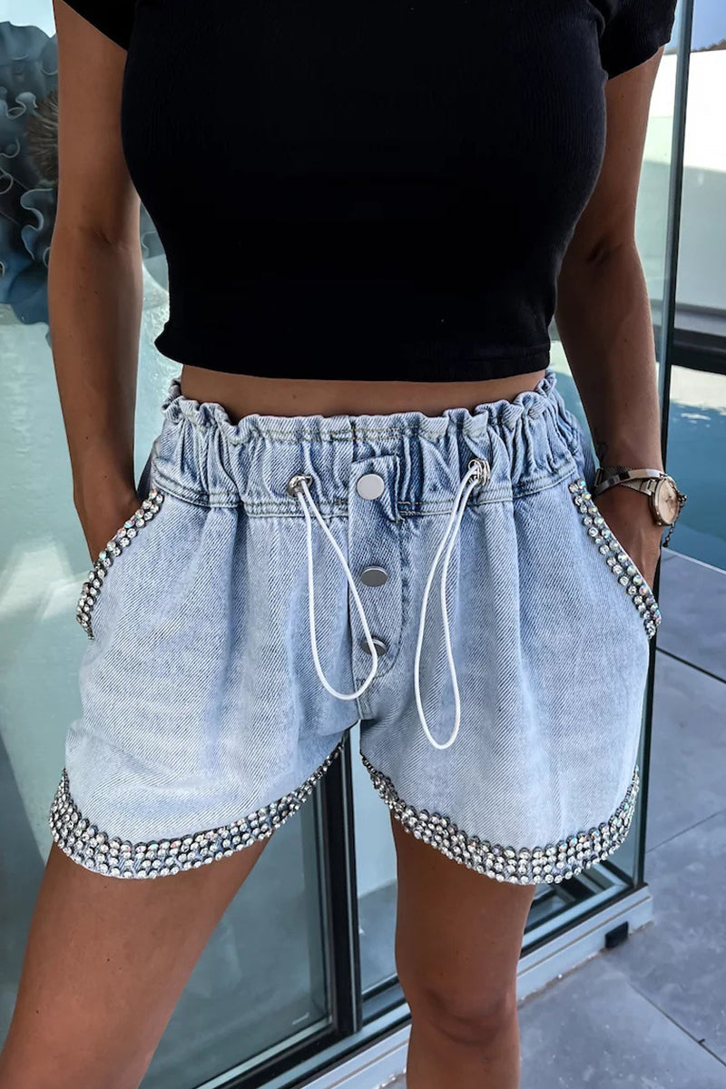 Casual Street The stars Draw String Hot Drill High Waist Loose Denim Shorts - Fashionpara