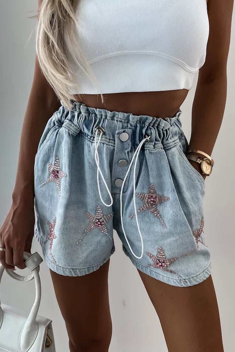 Casual Street The stars Draw String Hot Drill High Waist Loose Denim Shorts - Fashionpara