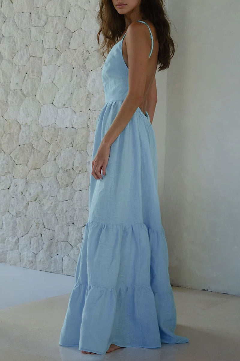 Sexy Vacation Solid Frenulum Backless U Neck Cake Skirt Dresses(5 Colors)