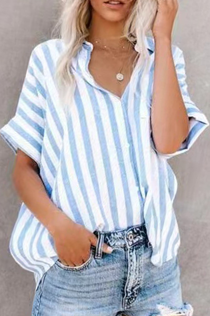 Casual Striped Patchwork Turndown Collar Tops - Fashionpara